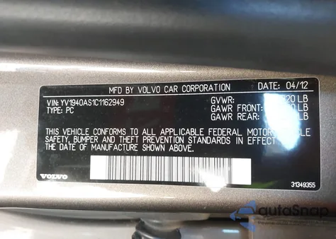 2012 Volvo S80 3.2/3.2 Platinum/3.2 Premier Plus z USA, uszkodzony, nr VIN YV1940AS1C1162949